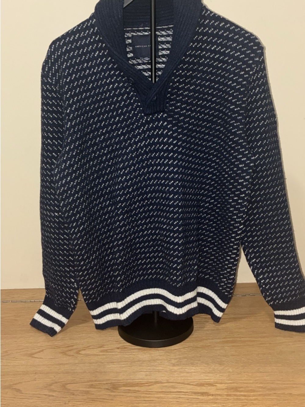American Eagle Outfitters Navy and White V-Neck Shawl Sweater